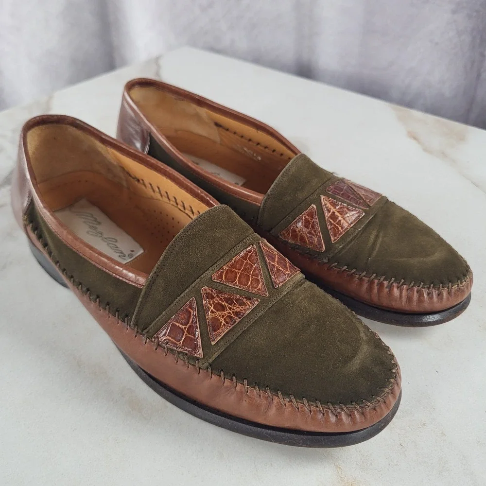 MEZLAN MORELLA Size 7 M Men's Suede Leather & Crocodile Loafers Olive